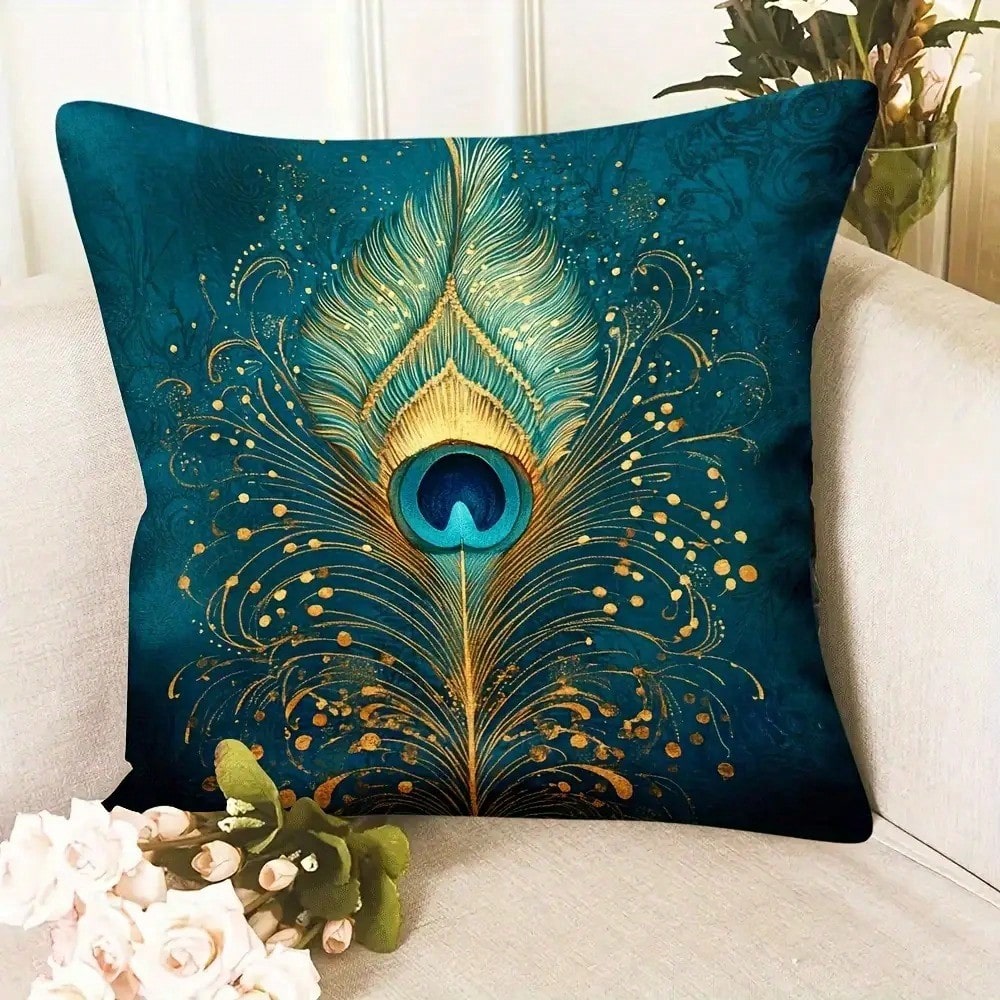 Pillow Insert 18X18 - غطاء وسادة مزخرف بريش الطاووس الأخضر